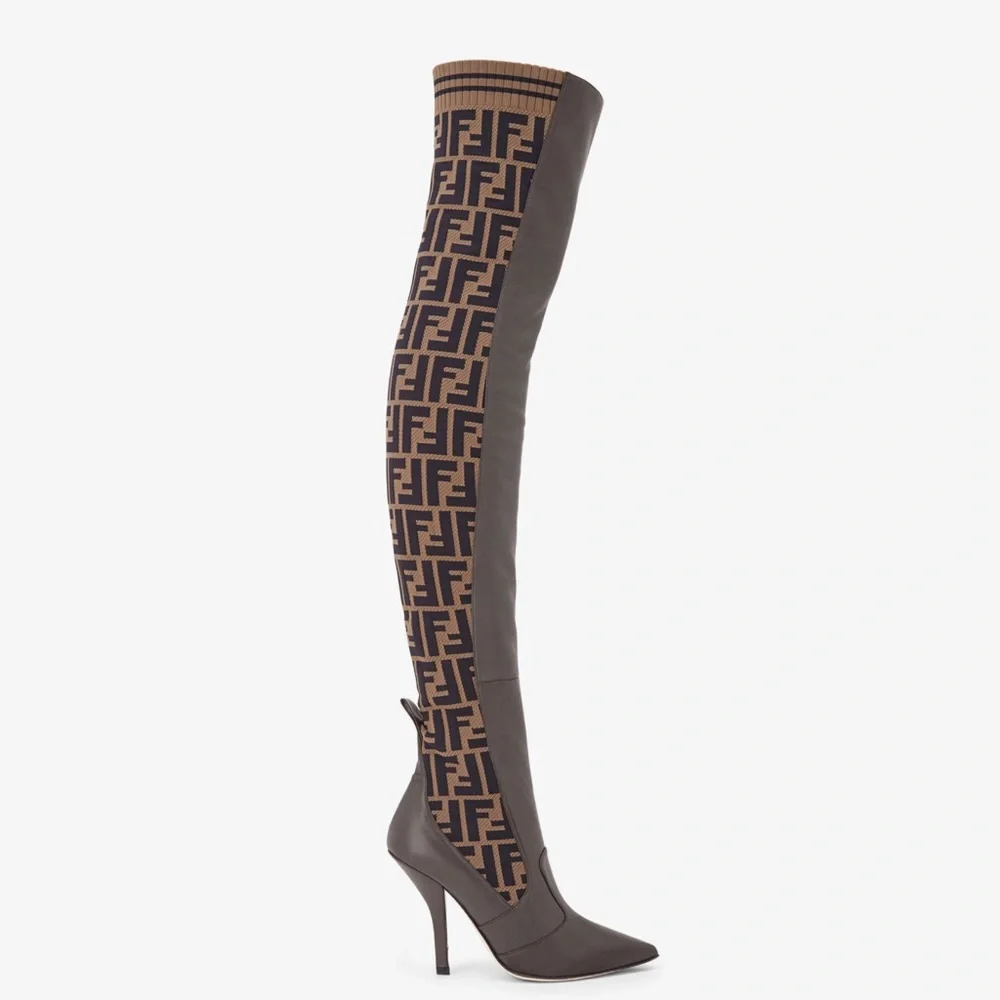 Fendi Rockoko Over the Knee Boots w FF Pattern leather sole ebano tabacco nero